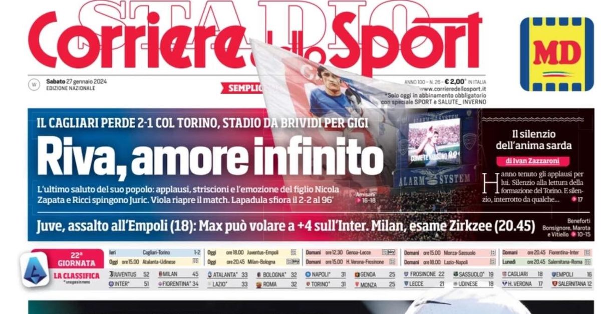 PRIMA PAGINA CORRIERE DELLO SPORT OGGI Riva Amore Infinito Stadio