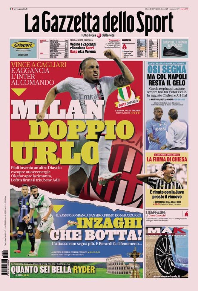 La prima pagina de La Gazzetta dello Sport 28-09-2023
