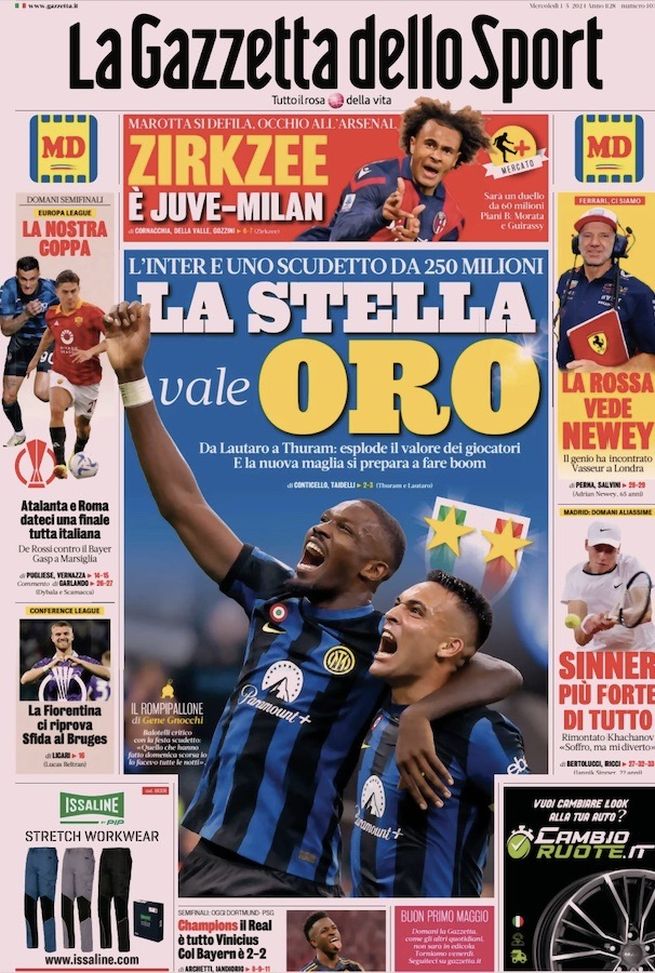 La Gazzetta dello Sport, la prima pagina di oggi, mercoledì 1° maggio 2024 La Gazzetta dello Sport