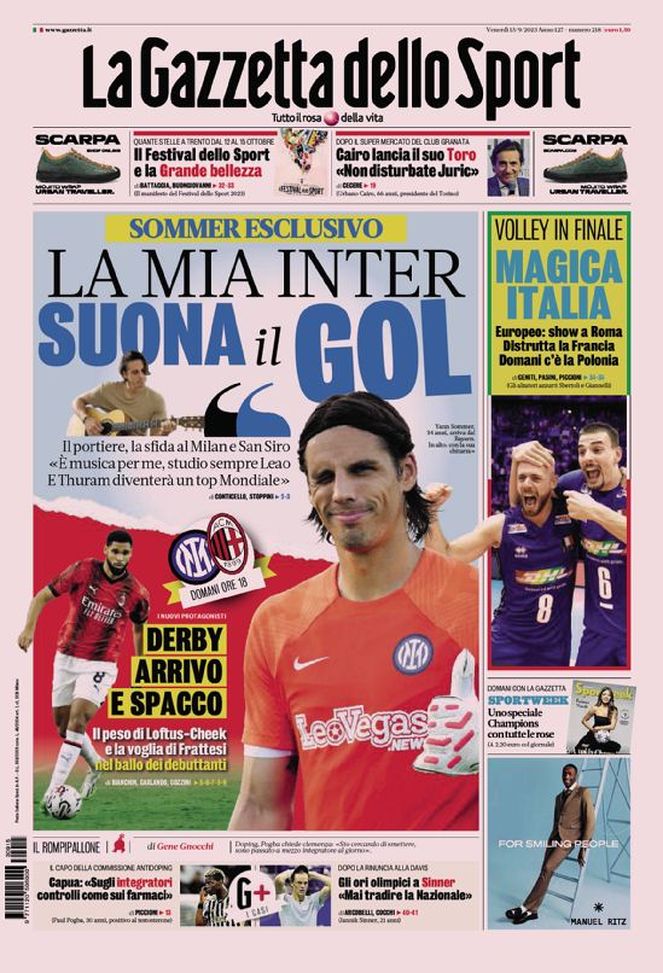 La Gazzetta dello Sport, la prima pagina di oggi, venerdì 15 settembre 2023 La Gazzetta dello Sport
