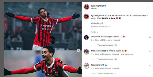 Il Milan vince con un super Reijnders. E anche Adli apprezza sui social- immagine 2