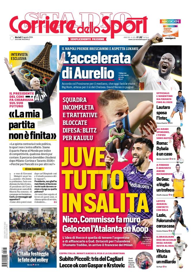 Il Corriere dello Sport, la prima pagina di oggi, martedì 13 agosto 2024 Il Corriere dello Sport