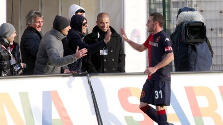 CAGLIARI, ITALY - JANUARY 08: Alessandro Agostini of Cagliari celebrates their third goal with the president Massimo Cellino and Daniele Conti during the Serie A match between Cagliari Calcio and Genoa CFC at Stadio Sant'Elia on January 8, 2012 in Cagliari, Italy. (Photo by Enrico Locci/Getty Images)