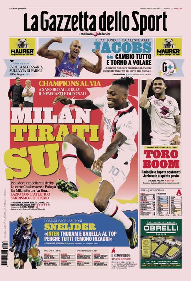 Prima pagina Gazzetta dello Sport 19-09-2023