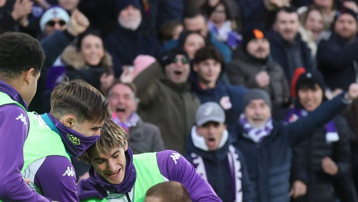 GERMOGLI PH: 11 GENNAIO 2026 FIRENZE STADIO ARTEMIO FRANCHI CAMPIONATO SERIE A FIORENTINA VS MILAN NELLA FOTO GOL ESULTANZA COMUZZO Comuzzo