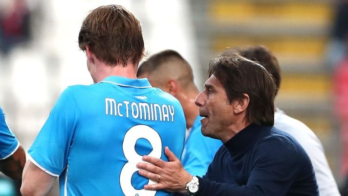 MONZA, ITALY - APRIL 19: SSC Napoli coach Antonio Conte interacts with Scott McTominay of SSC Napoli during the Serie A match between AC Monza and SSC Napoli at U-Power Stadium on April 19, 2025 in Monza, Italy. (Photo by Marco Luzzani/Getty Images) conte mctominay napoli