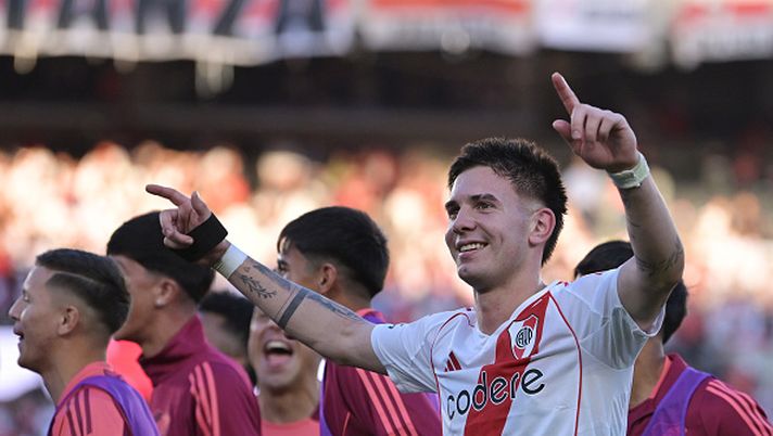 BUENOS AIRES, ARGENTINA - APRIL 27: Franco Mastantuono of River Plate celebrates after winning the Torneo Apertura Betano 2025 match between River Plate and Boca Juniors at Estadio Mas Monumental Antonio Vespucio Liberti on April 27, 2025 in Buenos Aires, Argentina. (Photo by Marcelo Endelli/Getty Images) Mastantuono