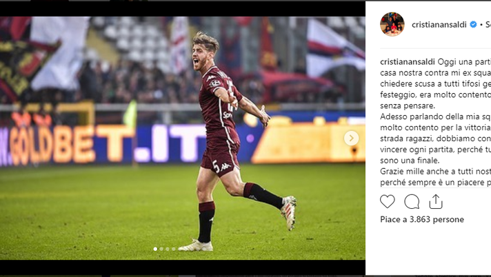 Toro, gioia sui social dopo il Genoa. E Ansaldi rinnova le scuse ai tifosi rossoblù- immagine 1