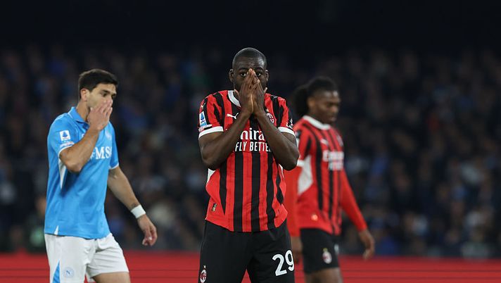NAPLES, ITALY - MARCH 30:  Youssouf Fofana AC Milan reac during the Serie A match between Napoli and AC Milan at Stadio Diego Armando Maradona on March 30, 2025 in Naples, Italy. (Photo by Claudio Villa/AC Milan via Getty Images)  napoli-milan-trasferta-campionato-dato-statistica-sconfitte