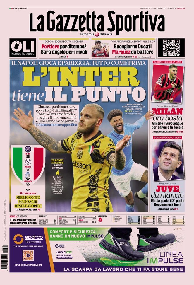 La Gazzetta dello Sport, la prima pagina di oggi, domenica 2 marzo 2025