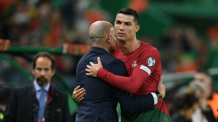 LISBON, PORTUGAL - MARCH 23: Cristiano Ronaldo of Portugal interacts with Roberto Martinez, Head Coach of Portugal during the UEFA EURO 2024 qualifying round group J match between Portugal and Liechtenstein at Estadio Jose Alvalade on March 23, 2023 in Lisbon, Portugal. (Photo by Octavio Passos/Getty Images)