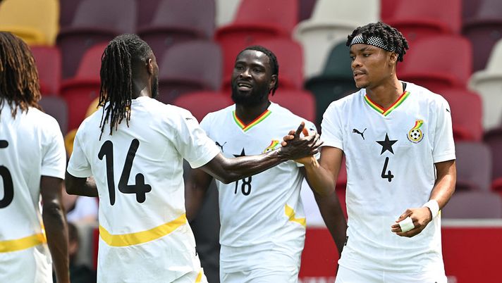 BRENTFORD, ENGLAND - MAY 31: Razak Simpson of Ghana (4) celebrates with team mates after scoring during the The Unity Cup 3rd/4th Play Off match between Ghana and Trinidad and Tobago at Gtech Community Stadium on May 31, 2025 in Brentford, England. (Photo by Mike Hewitt/Getty Images) Repubblica Centrafricana-Ghana, dove vederla in diretta TV e streaming LIVE - immagine 1