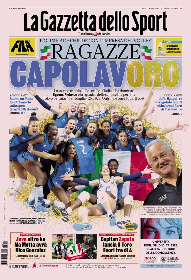 La Gazzetta dello Sport, la prima pagina di oggi, lunedì 12 agosto 2024