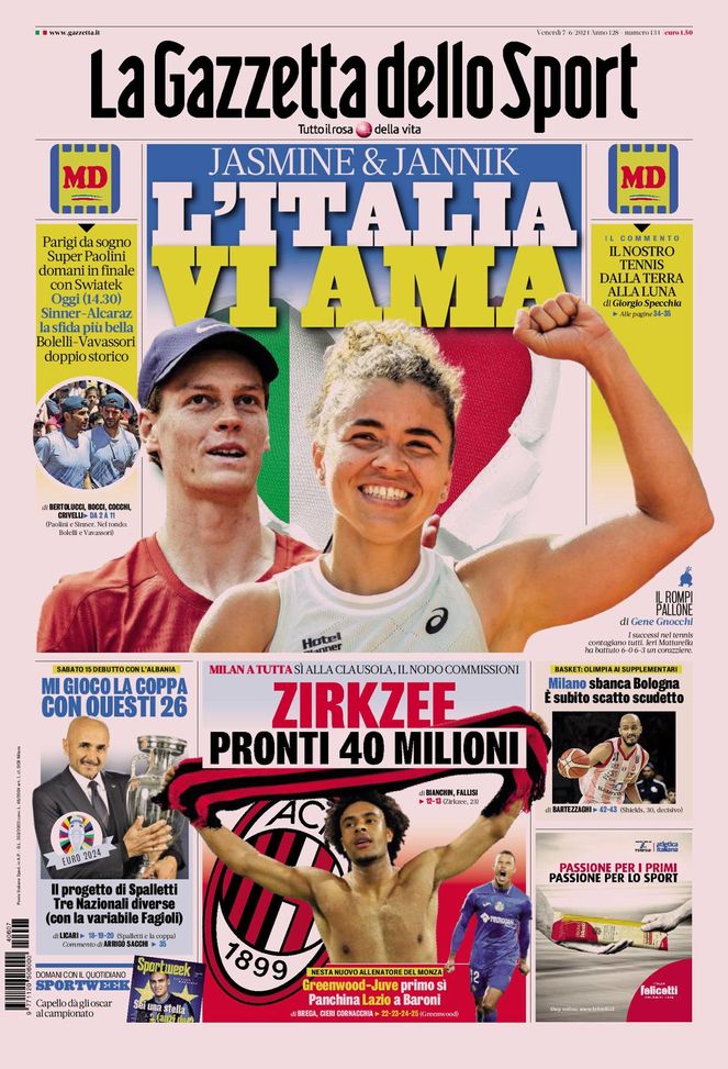 La Gazzetta dello Sport, la prima pagina di oggi, venerdì 7 giugno 2024
