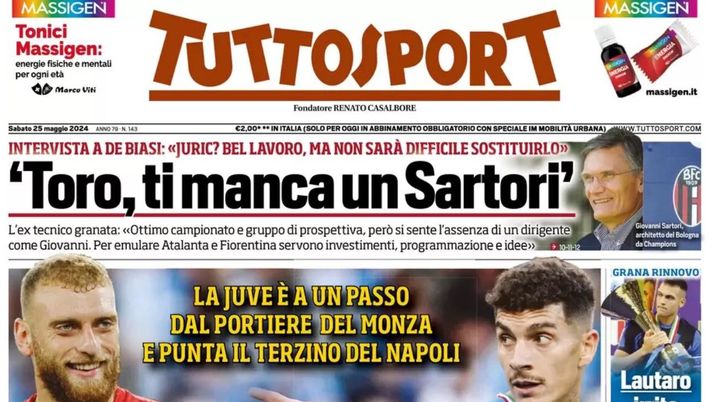 PRIMA PAGINA TUTTOSPORT OGGI: “Di Gregorio e Di Lorenzo per Motta, Gasp agita l’Atalanta” prima pagina tuttosport oggi
