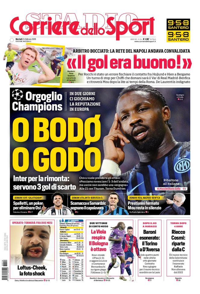 Il Corriere dello Sport, la prima pagina di oggi, martedì 24 febbraio 2026 Il Corriere dello Sport