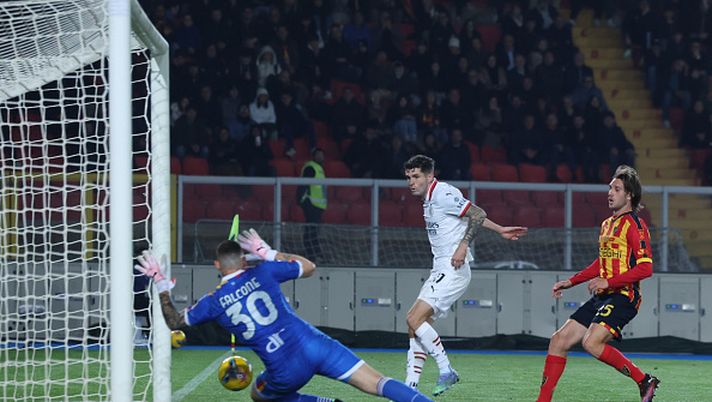 LECCE, ITALY - MARCH 08:  Christian Pulisic of AC Milan scores the goal during the Serie A match between Lecce and AC Milan at Stadio Via del Mare on March 08, 2025 in Lecce, Italy. (Photo by Claudio Villa/AC Milan via Getty Images)  Pulisic Bondo