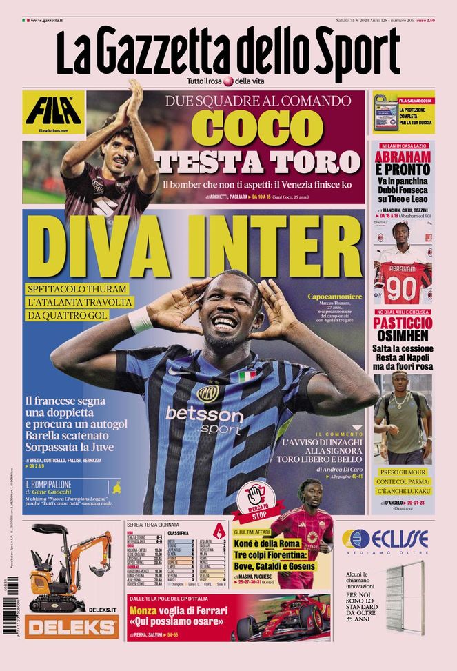 La Gazzetta dello Sport, la prima pagina di oggi, sabato 31 agosto 2024 La Gazzetta dello Sport