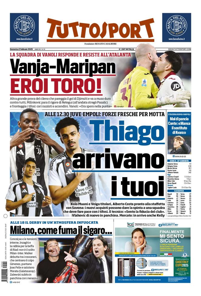Tuttosport, la prima pagina di oggi, domenica 2 febbraio 2025 Tuttosport