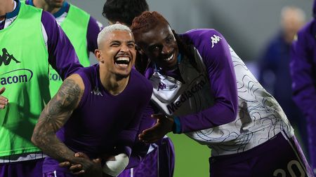 FLORENCE, ITALY - FEBRUARY 23: Domilson Cordeiro dos Santos known as Dodo and Moise Kean of ACF Fiorentina celebrates the victory after the Serie A match between ACF Fiorentina and Pisa SC at Artemio Franchi on February 23, 2026 in Florence, Italy. (Photo by Gabriele Maltinti/Getty Images)