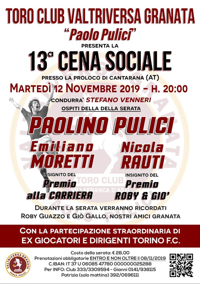 Toro Club Valtriversa Granata: il 12 novembre la cena sociale con Pulici - immagine 1