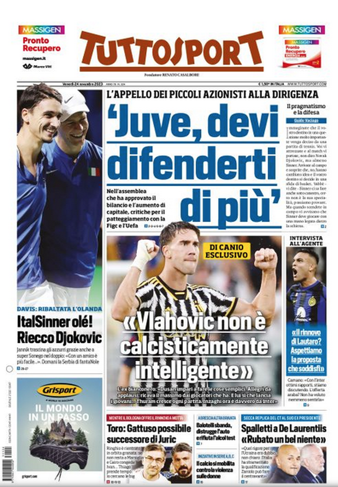 La prima pagine di Tuttosport 24-11-2023
