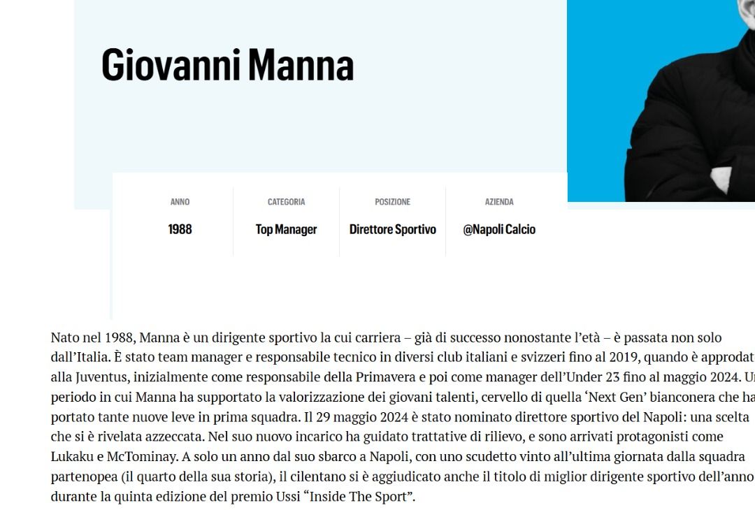 Il Ds del Napoli Giovanni Manna elogiato da Fortune Italia