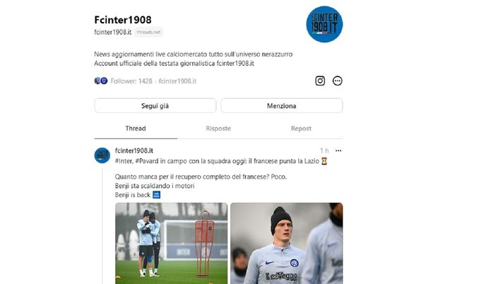 FCINTER1908 sbarca su Threads: seguici per tutte le notizie - immagine 1