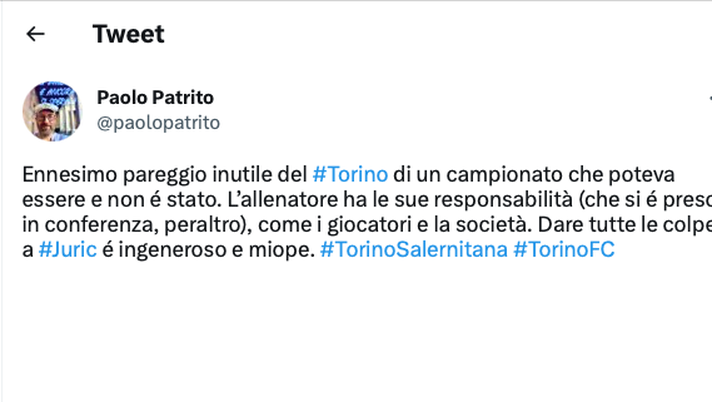 Torino-Salernitana 1-1, le reazioni social: “Ingeneroso dare tutte le colpe a Juric” - immagine 1