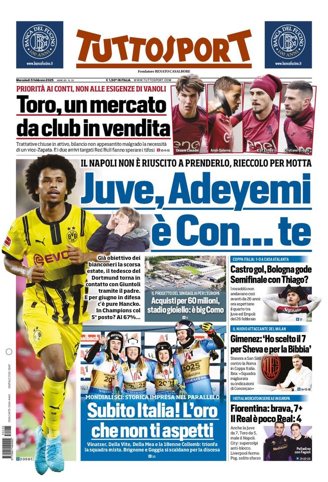 Prima Pagina Tuttosport 5 febbraio