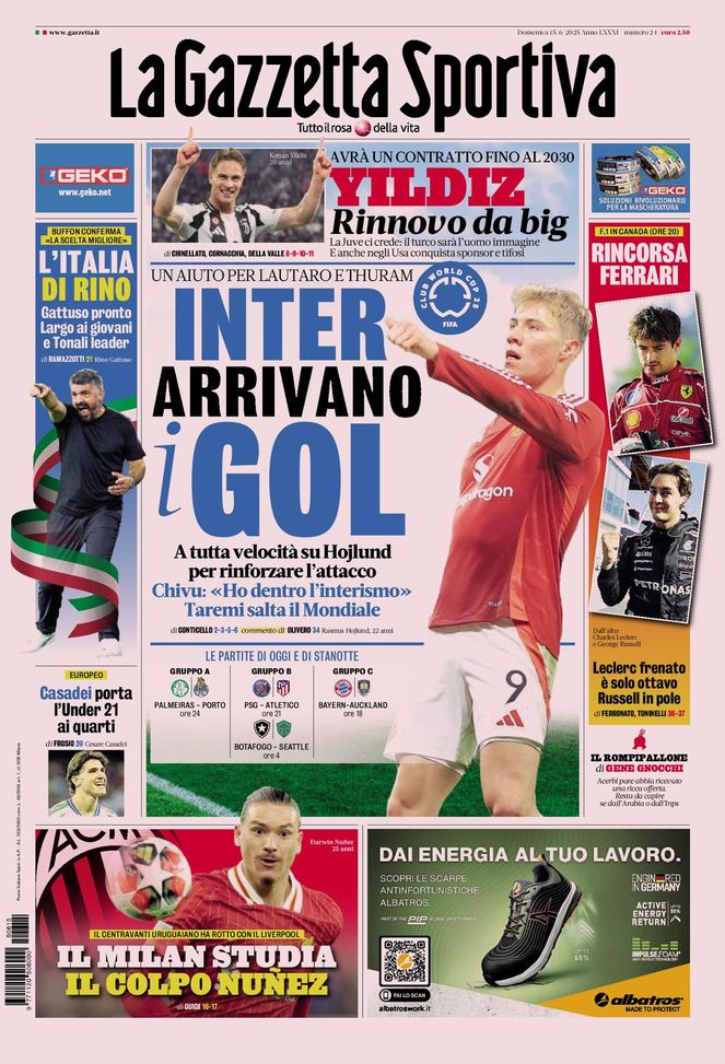 Prima Pagina Gazzetta dello Sport 15 giugno