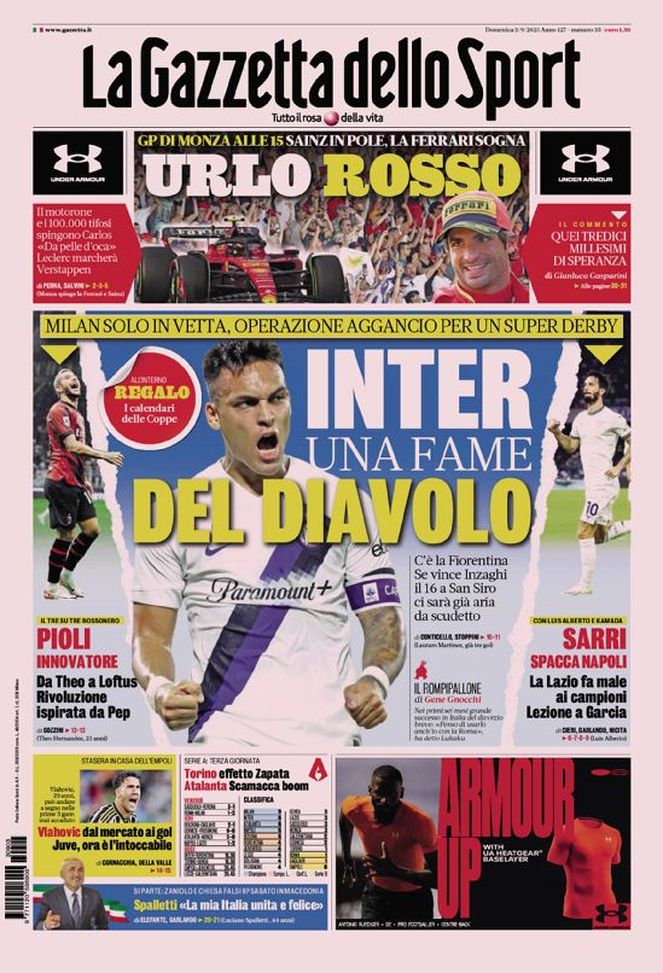 Prima pagina Gazzetta dello Sport 03-09-2023