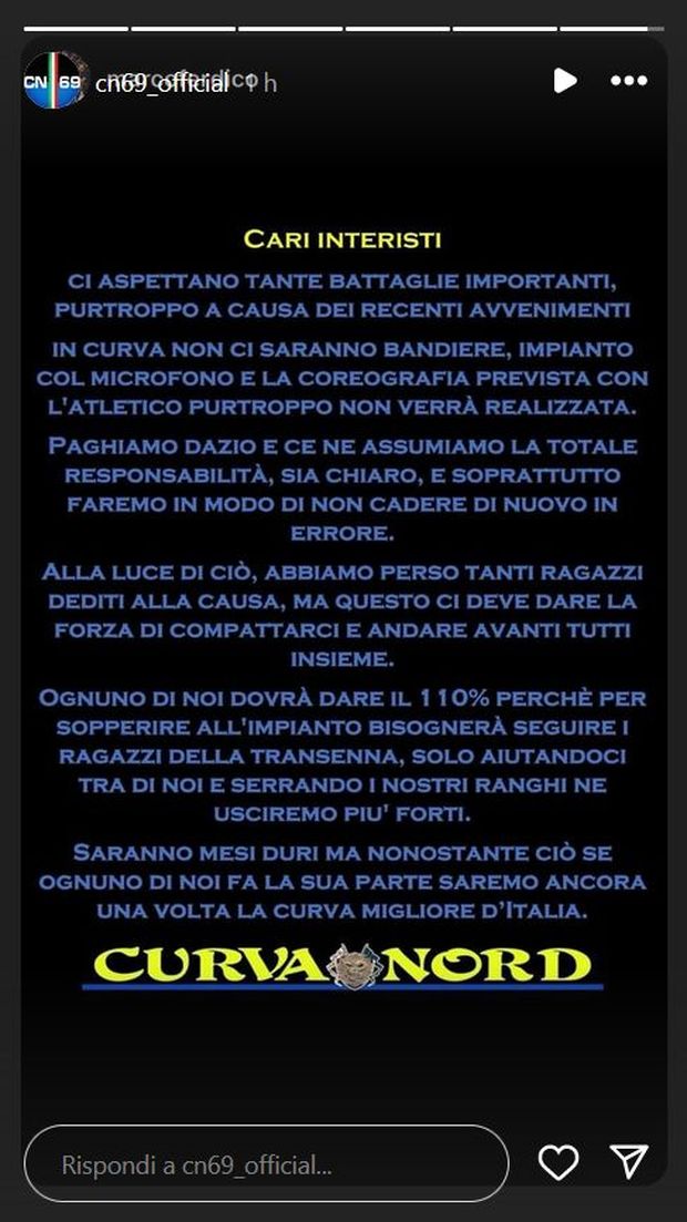 Curva Nord Inter, stop alla coreografia con l'Atlético Madrid e altro:  l'annuncio