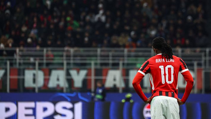 MILAN, ITALY - FEBRUARY 18: Rafael Leao of AC Milan reacts during the UEFA Champions League 2024/25 League Knockout Play-off second-leg match between AC Milan and Feyenoord at San Siro stadium on February 18, 2025 in Milan, Italy. (Photo by Giuseppe Cottini/AC Milan via Getty Images) Traditi da Theo