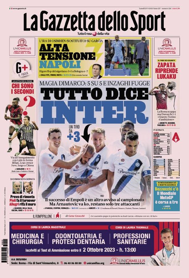 Gazzetta dello Sport Prima Pagina lunedì 25 settembre