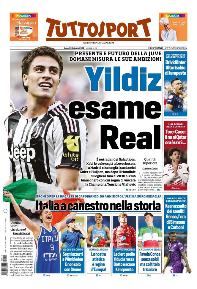 Tuttosport, la prima pagina di oggi, lunedì 30 giugno 2025 Tuttosport