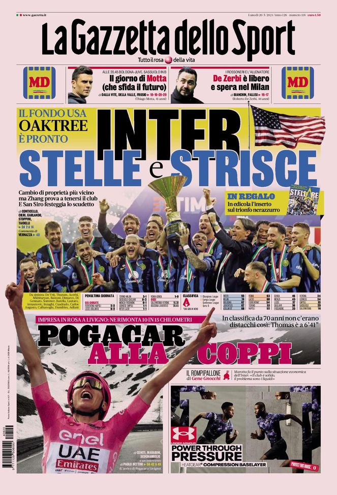 La Gazzetta dello Sport, la prima pagina di oggi, lunedì 20 maggio 2024 La Gazzetta dello Sport
