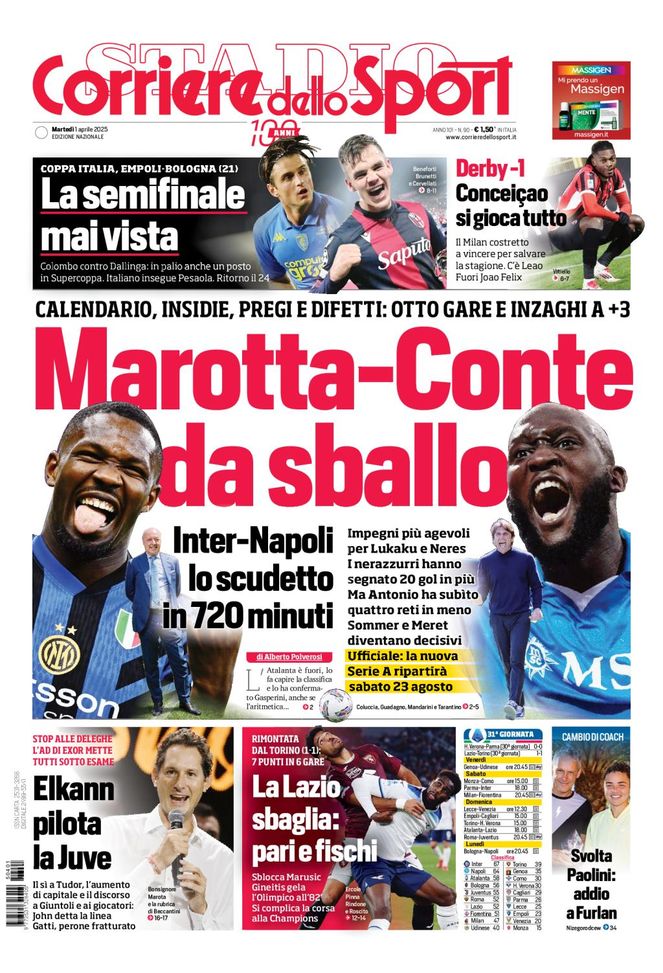 Il Corriere dello Sport, la prima pagina di oggi, martedì 1° aprile 2025