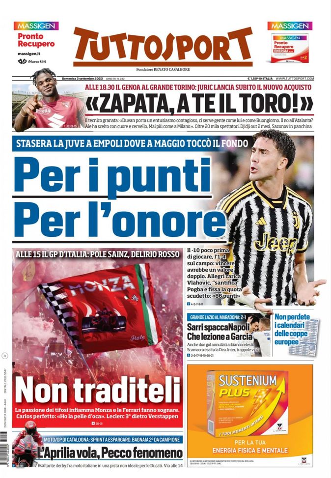 Prima pagina Tuttosport 03-09-2023