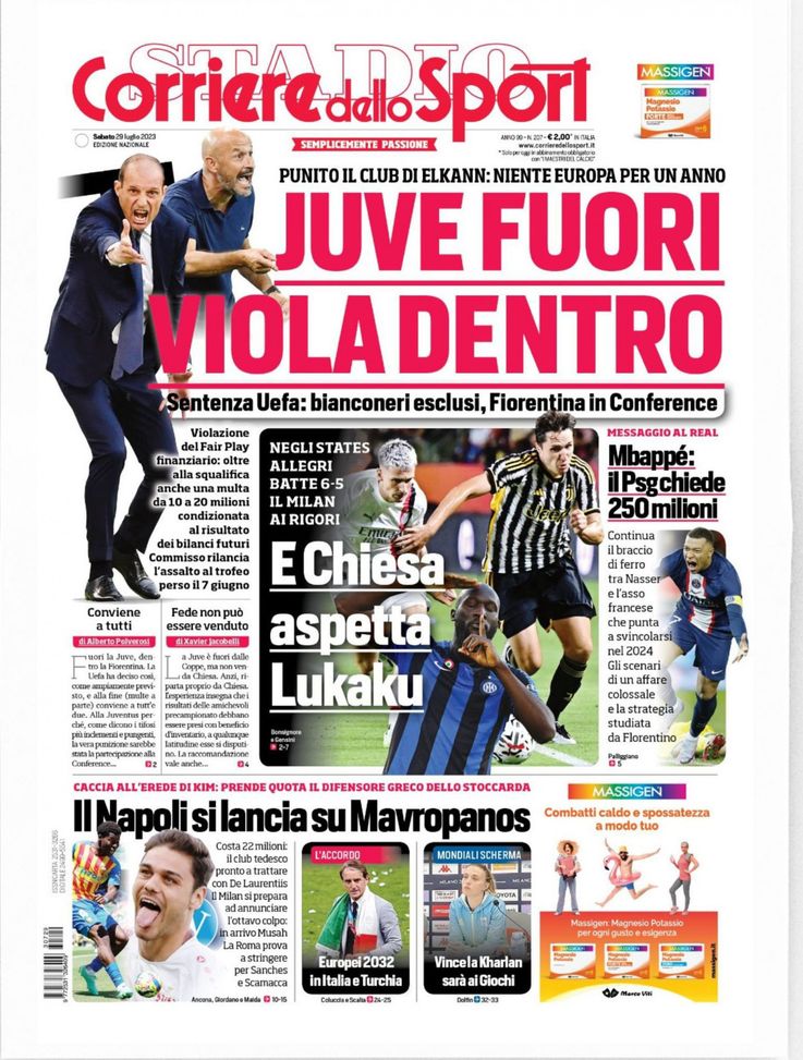 Prima Pagina Corriere Dello Sport: “Juve Fuori, Viola Dentro” - Pianeta ...