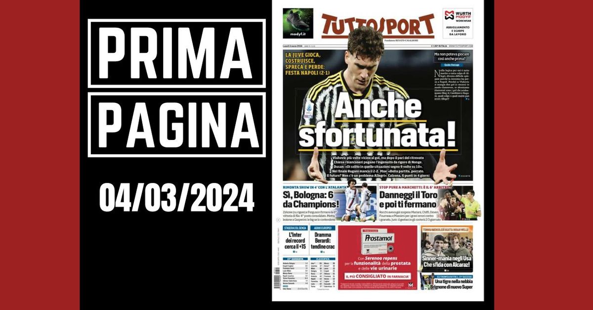 Prima pagina Tuttosport: Juve, anche sfortunata! Bologna da Champions