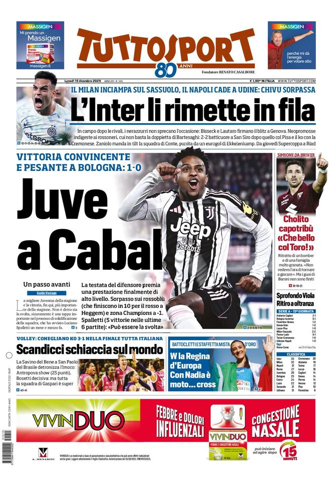 Tuttosport, la prima pagina di oggi, lunedì 15 dicembre 2025 Tuttosport