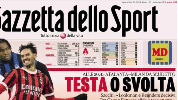 PRIMA PAGINA GAZZETTA DELLO SPORT: “Napoli fuori. Resta solo il campionato” - immagine 1