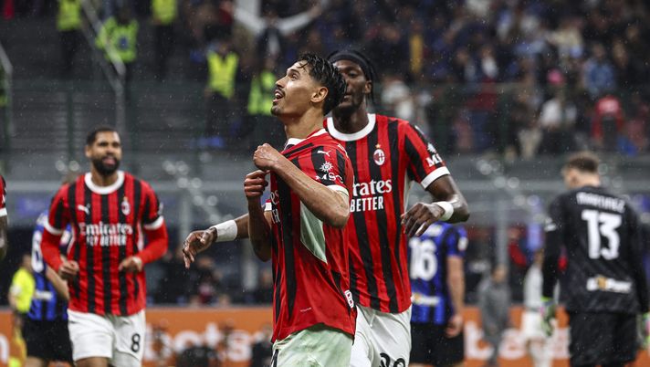 MILAN, ITALY - APRIL 23: Tijjani Reijnders of AC Milan celebrates after scoring the his team's third goal during the Coppa Italia Semi Final match between FC Internazionale and AC Milan at Stadio Giuseppe Meazza on April 23, 2025 in Milan, Italy. (Photo by Giuseppe Cottini/AC Milan via Getty Images) Tijjani Reijnders