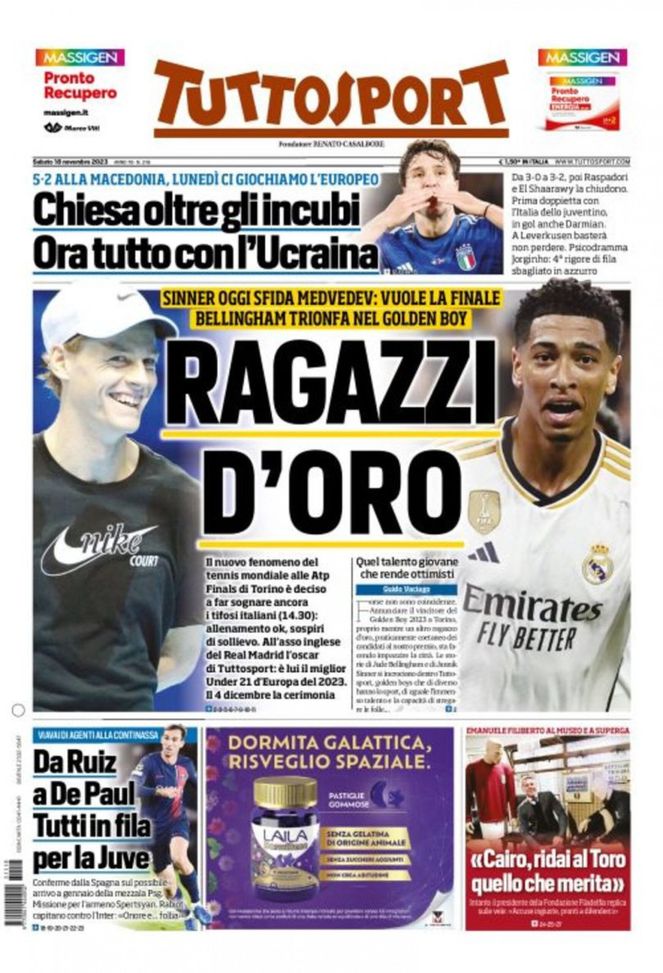 Prima pagina di Tuttosport 18-11-2023