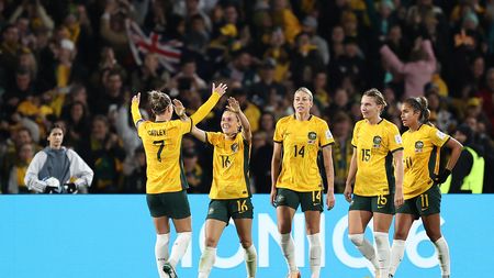 SYDNEY, AUSTRALIA - AUGUST 07: Hayley Raso (2nd L) of Australia celebrates with teammates after scoring her team's second goal during the FIFA Women's World Cup Australia & New Zealand 2023 Round of 16 match between Australia and Denmark at Stadium Australia on August 07, 2023 in Sydney, Australia. (Photo by Brendon Thorne/Getty Images )