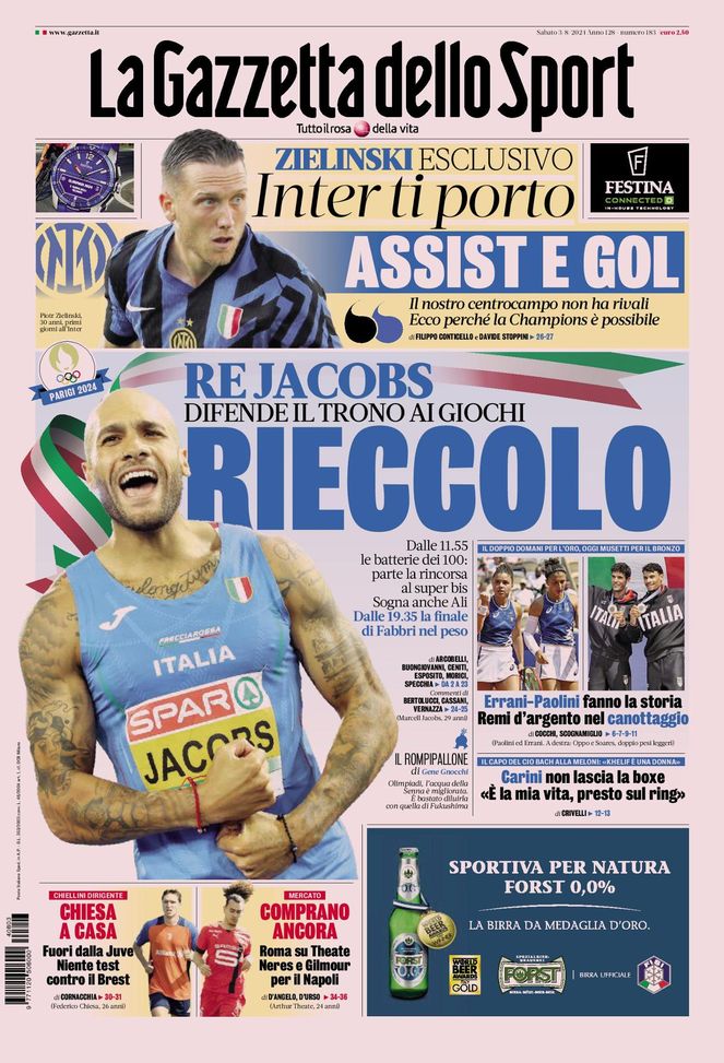 La Gazzetta dello Sport, la prima pagina di oggi, sabato 3 agosto 2024