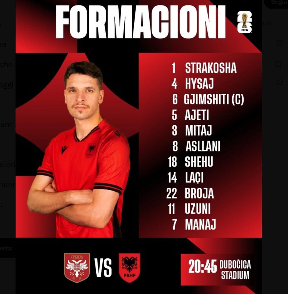 Serbia-Albania, le formazioni ufficiali: Aleksander Stankovic, esordio da titolare- immagine 3