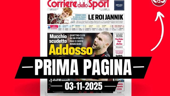 Il Corriere dello Sport, la prima pagina di oggi, lunedì 3 novembre 2025 Prima pagina Corriere dello Sport: 'Addosso a Conte: Milan e Inter prendono Gasp a - 1 dal Napoli'