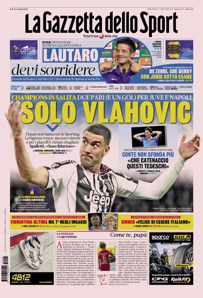 La Gazzetta dello Sport, la prima pagina di oggi, mercoledì 5 novembre 2025 La Gazzetta dello Sport